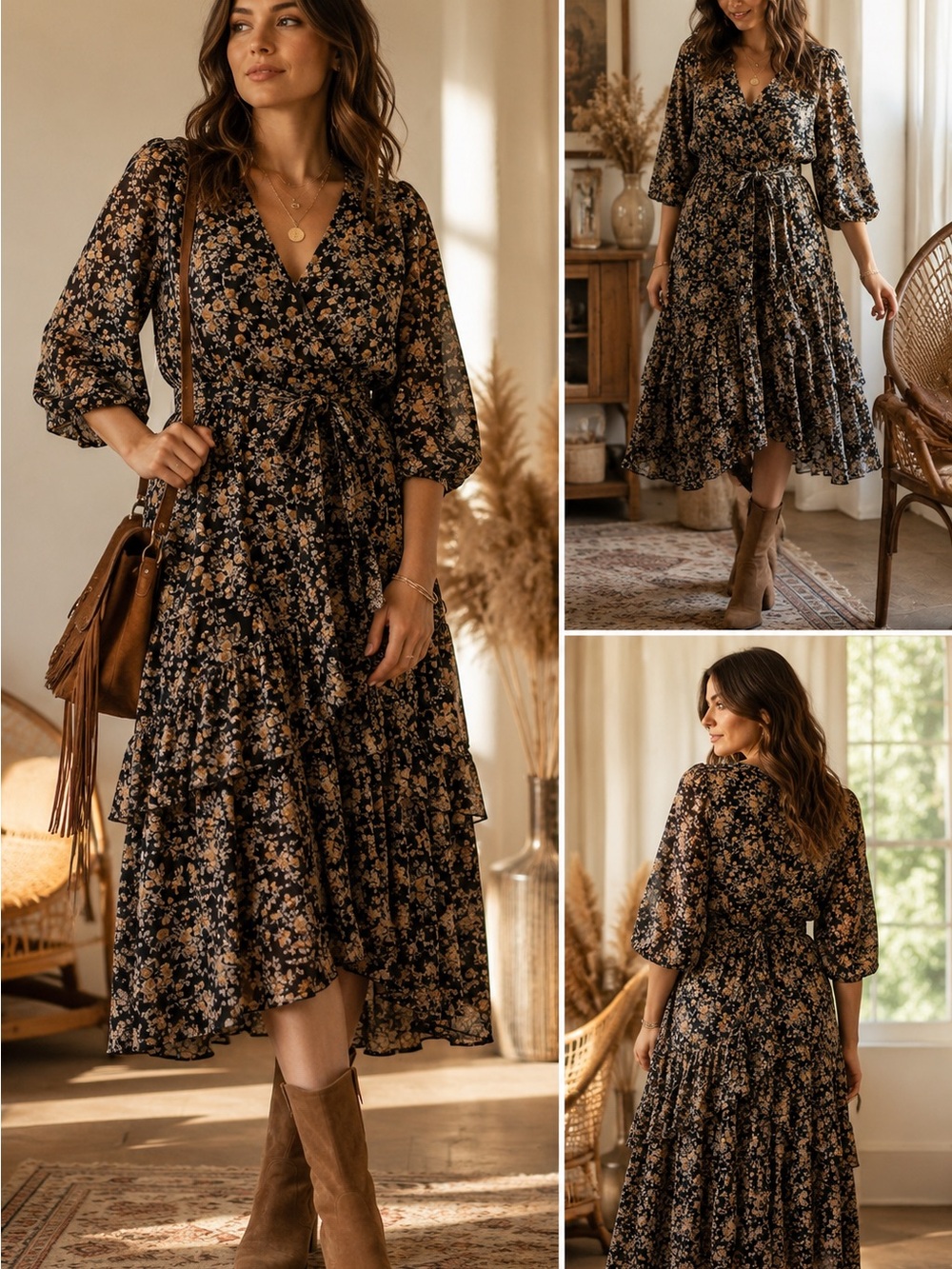 Floral Boho Midi Dress Black Camel  Romantic Ruffle 3/4 Sleeve Belted XL Wrap